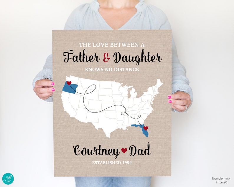 Personalized Long Distance Father Daughter Map Custom Names and Locations Unique Gift for Dads and Daughters, Fathers Day 2023 image 4