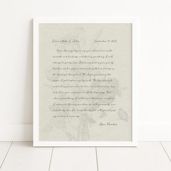 Gift for Parents-in-Law: Personalized Thank You Letter, Wedding Day Gift
