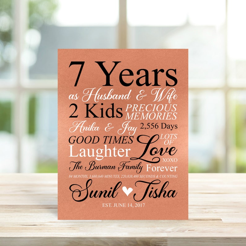 7th Anniversary Gift, Copper 7 Year Anniversary Art Personalized Sign, Couples Gift, 7th Anniversary for Him, Her, Husband, Wife Seven Years image 3