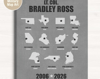 Military Retirement Gift: Army Base Maps, Locations Stationed Artwork, Veteran Print