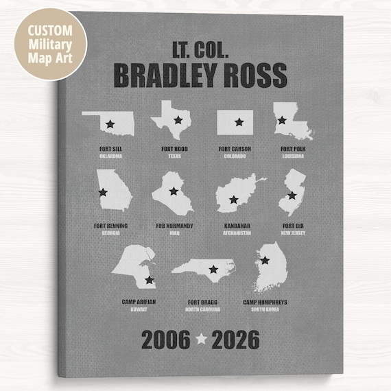 Military Retirement Gift: Army Base Maps, Locations Stationed Artwork, Veteran Print