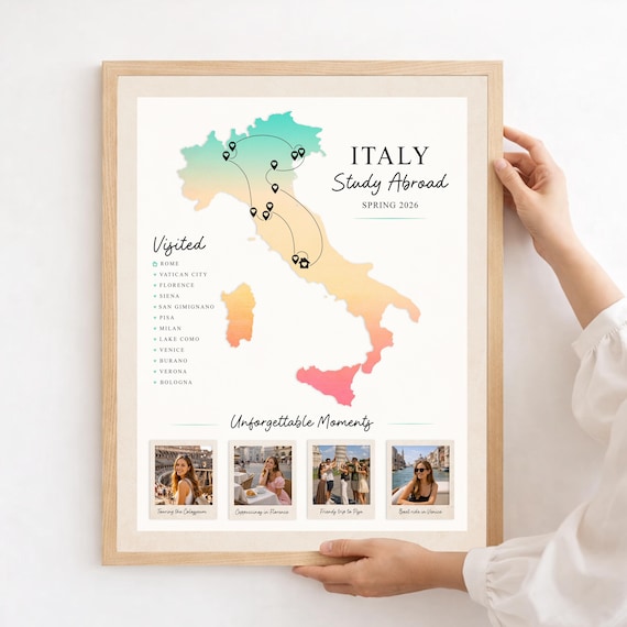 Italy Study Abroad Map: Personalized Gift for Student, Photo Collage and Travel Route