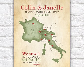 European Vacation Map, Honeymoon, Wedding, France, Switzerland, Italy Map Poster, Gift for Couple, Wedding Gift, Travel Quote, Route