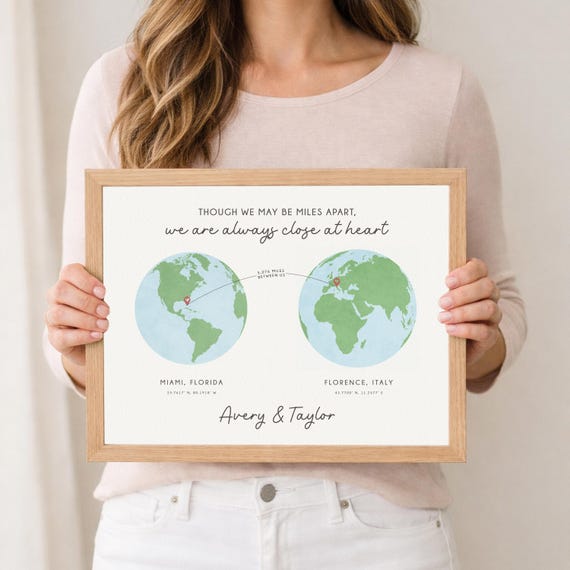 Long Distance Gift for Best Friend or Couple: Miles Apart Wall Art, Personalized Map Print
