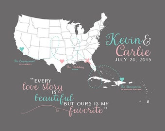 Personalized Gifts, Wedding, Engagement, Honeymoon Map, Caribbean, Destination, Airplane, Anniversary Gift, Husband  Wife Couple Christmas