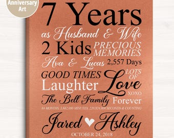 7th Anniversary Gift, Copper 7 Year Anniversary Art Personalized Sign, Couples Gift, 7th Anniversary for Him, Her, Husband, Wife Seven Years