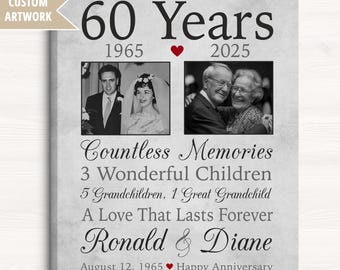 60th Anniversary Gift for Parents, Grandparents, Personalized 60 Years Married Then and Now Photos, Print or Canvas Sign 1965 2025