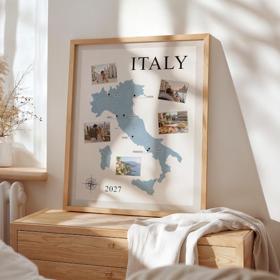 Italy Trip Map with Photos and Personalized Locations Traveled: Printed and Shipped Artwork