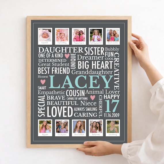 17th Birthday Gift for Girl: Personalized Party Poster, Sign with Photo Collage, Canvas or Print