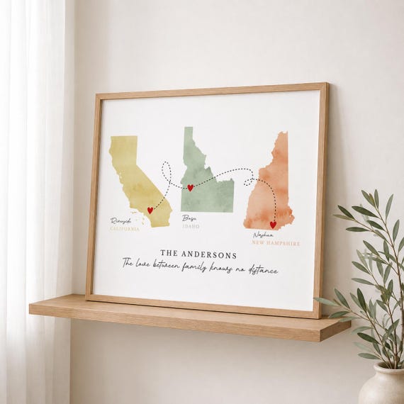 Personalized Family Map Art: Long Distance Gift, 3 Map Print