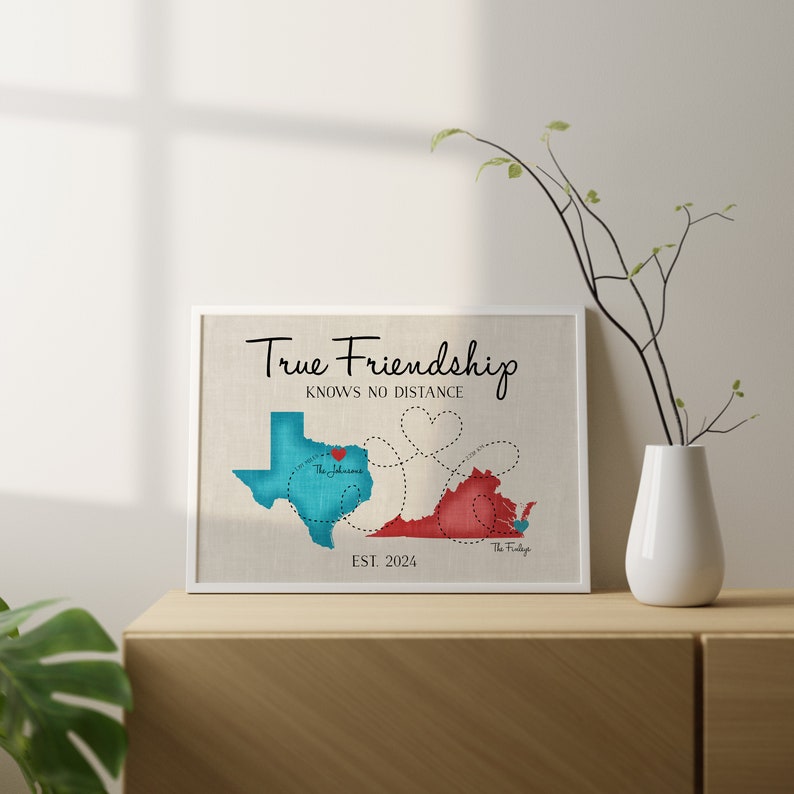 Going Away Gifts, Moving Gift for Friends, Long Distance Friend Quote, Map, Moving Out of State, Another Country, Texas, Virginia image 4