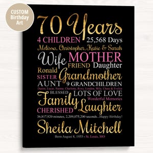Regalo per il 70° compleanno per donna, stampa artistica personalizzata per il compleanno, regalo per la mamma che compie 70 anni, decorazione per feste