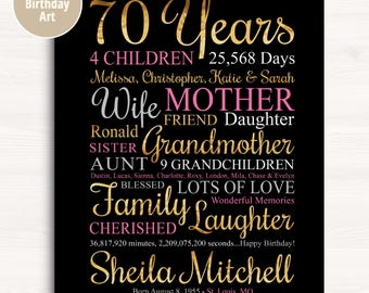 70th Birthday Gift for Woman, Personalized Art Poster Print for Bday, Gift for Mom Turning 70, Party Decoration
