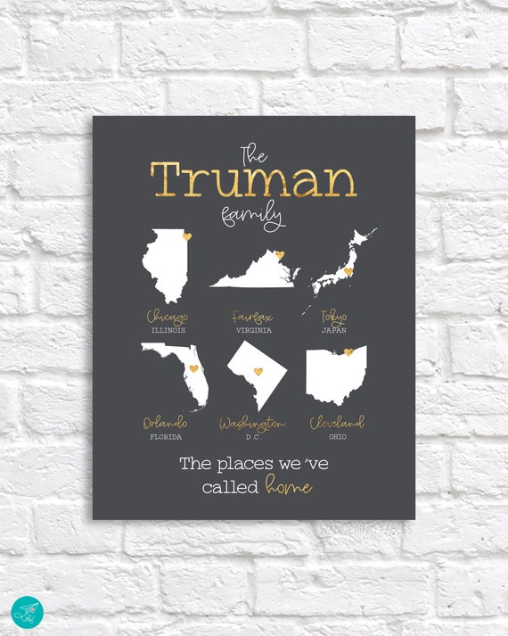Places Lived Maps, Family Name Personalized Housewarming Gift, Military, Map of Places Lived In, Home Decoration, Moving Gift, Army Marines