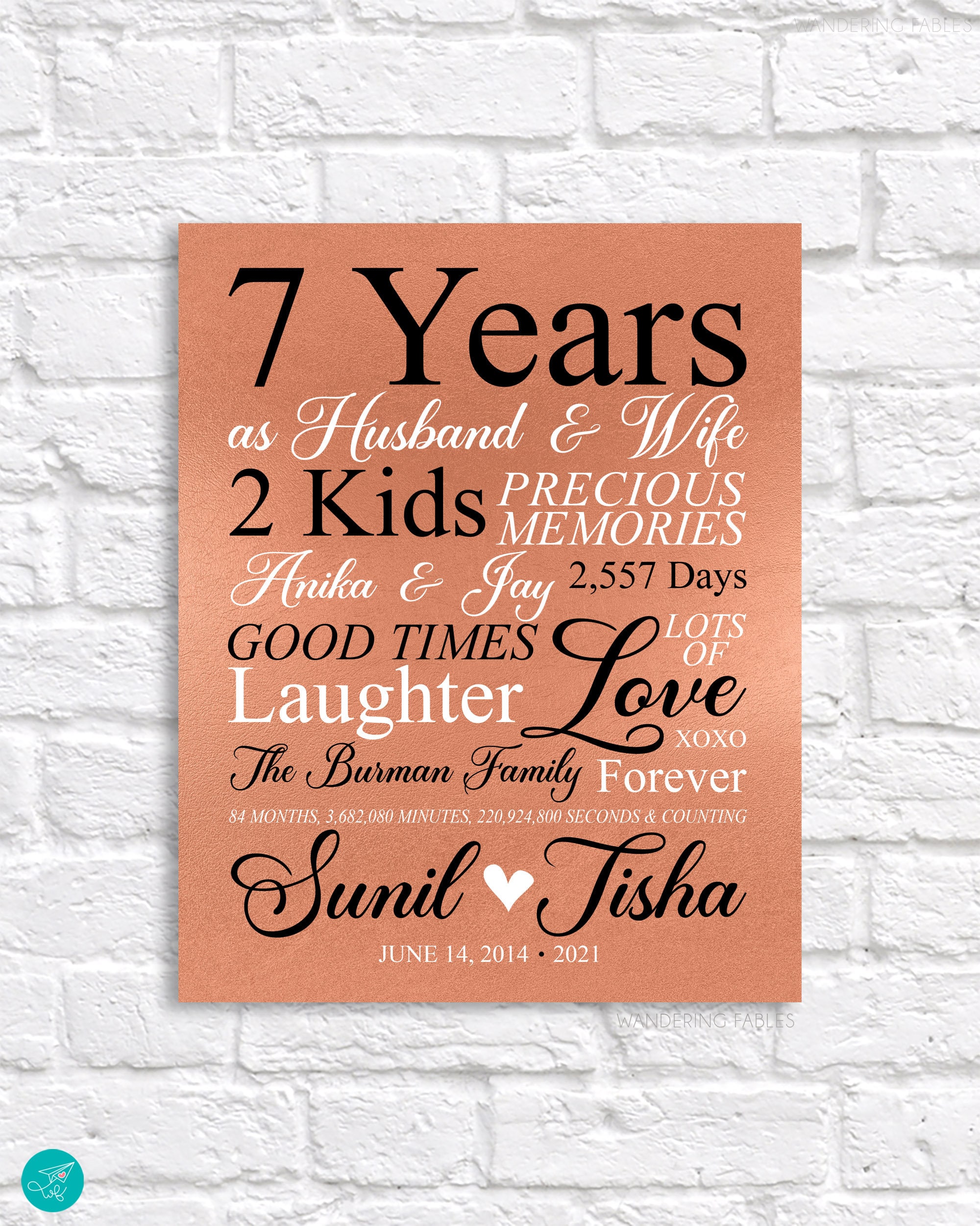 7th Anniversary T Copper 7 Year Anniversary Art Personalized Sign