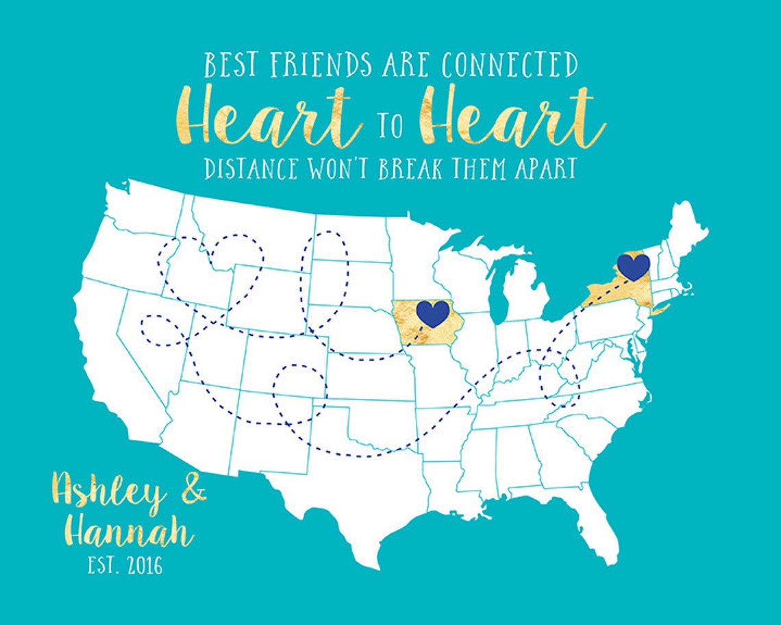 Gift for Best Friend Long Distance Friendship Quote Map Etsy
