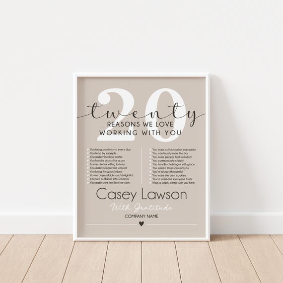 20 Year Work Anniversary Gift: 20 Reasons We Love Working With You, Personalized Plaque