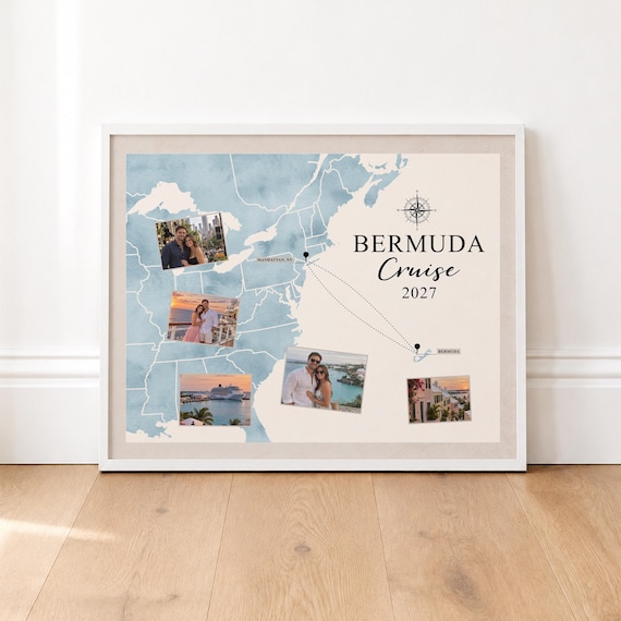 Bermuda Cruise Map Personalized Art with Photo from Trip on Print or Canvas