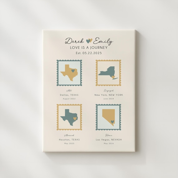 First Anniversary Gift for Newlyweds: Personalized Stamp Map Art of Special Locations