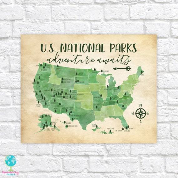 US National Parks Map: Watercolor Green Adventure Print
