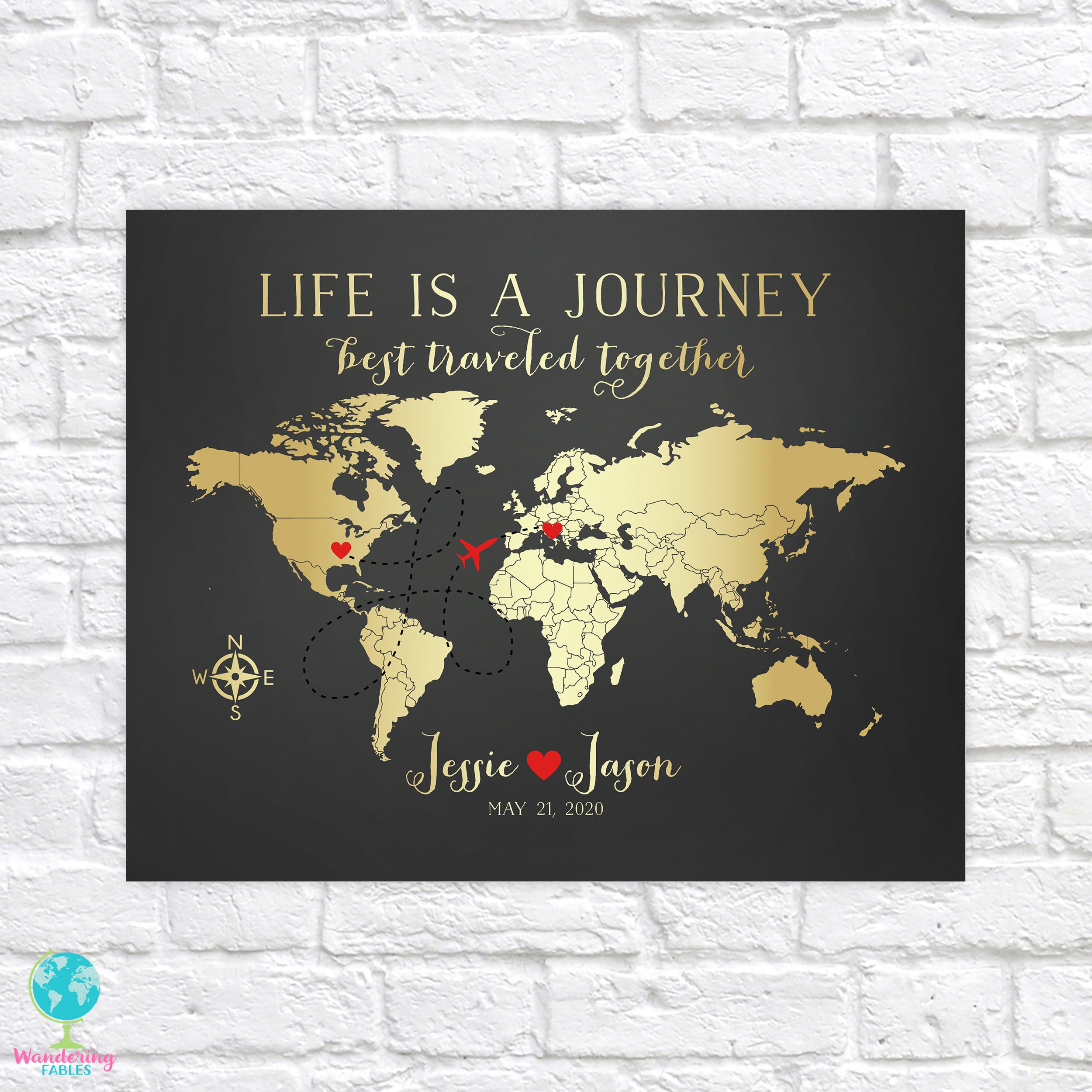 Travel Map Wedding Gift Destination Gold World Map Custom  Etsy