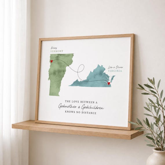 Gift for Godmother or Godchild: Long Distance Two Map with Connected Hearts Print, Godson and Goddaughter Gift