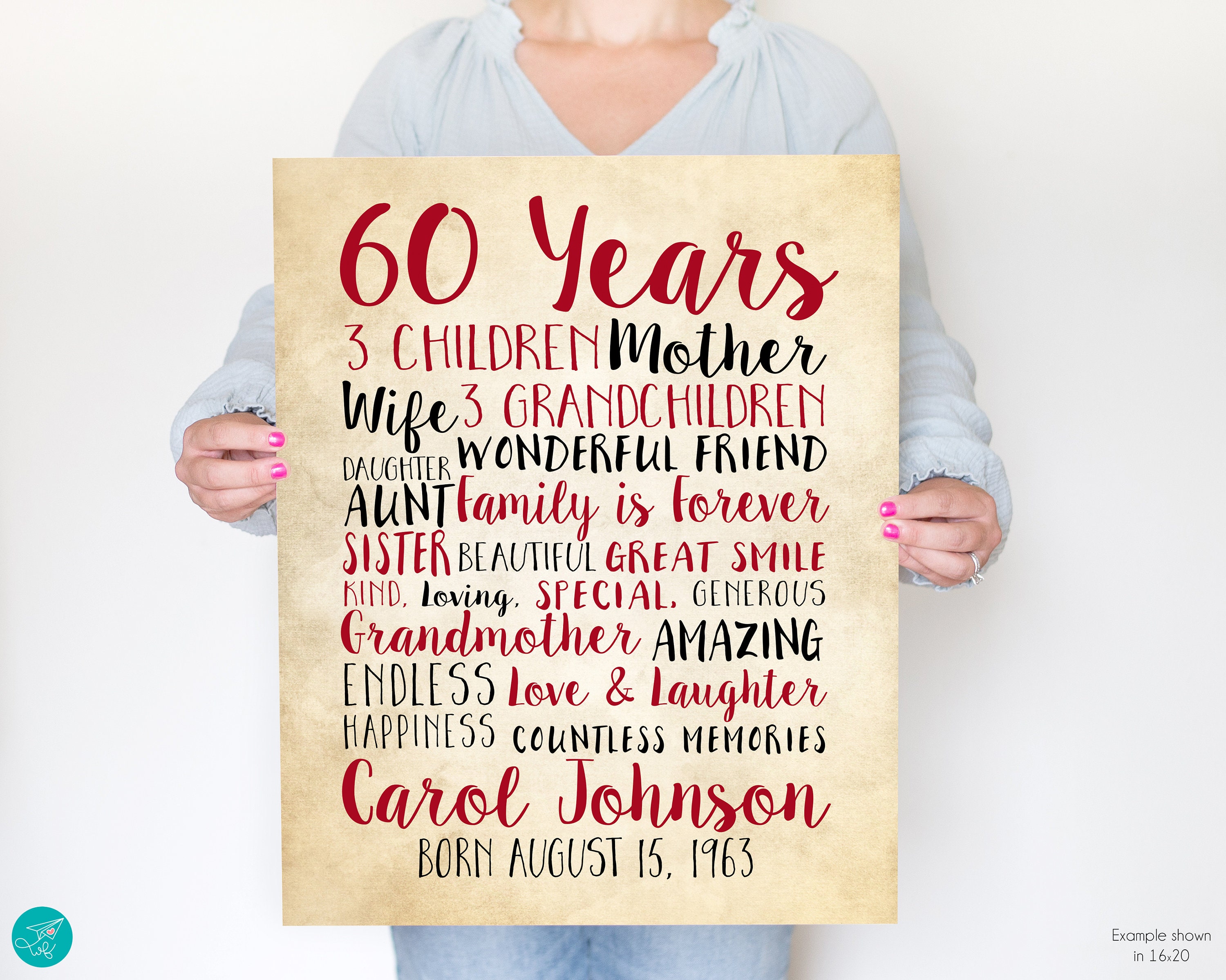 60th Birthday Gift for Mom, Woman Turning 60 Years Old, Mother in