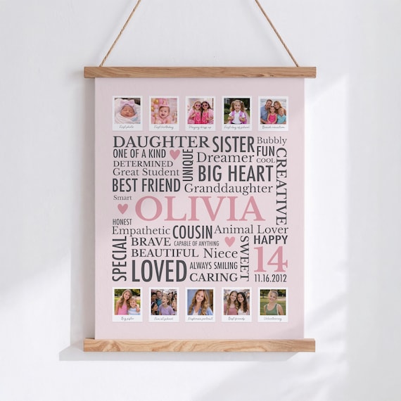 14th Birthday Gift for Girl: Personalized Word Cloud Art with Photos and Captions, Gift for Daughter, Granddaughter