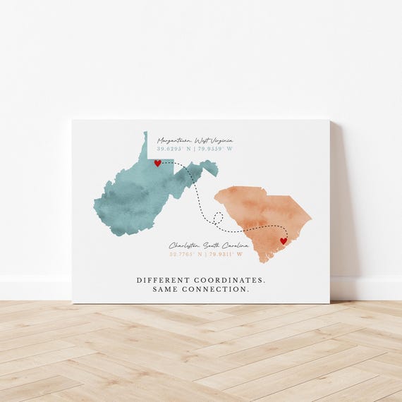 Map Coordinates Artwork for Long Distance: Personalized Moving Gift, Two Maps Connected
