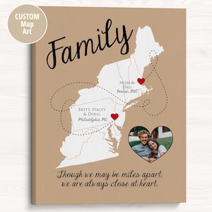 East Coast Map Art - Custom Photo Family Gift for Parents, Moving Away Thank You Gift for Mom and Dad
