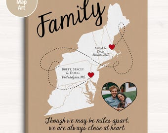 East Coast Map Art - Custom Photo Family Gift for Parents, Moving Away Thank You Gift for Mom and Dad