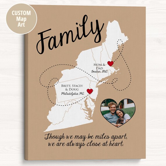 East Coast Map Art: Custom Photo Gift for Parents