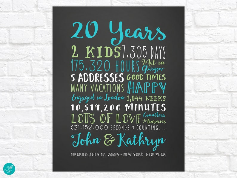 20th Wedding Anniversary Art, Personalized with Names and Couples Stats, Custom 20 Yer Anniversary Gift for Husband, Wife, Parents, Friends image 6