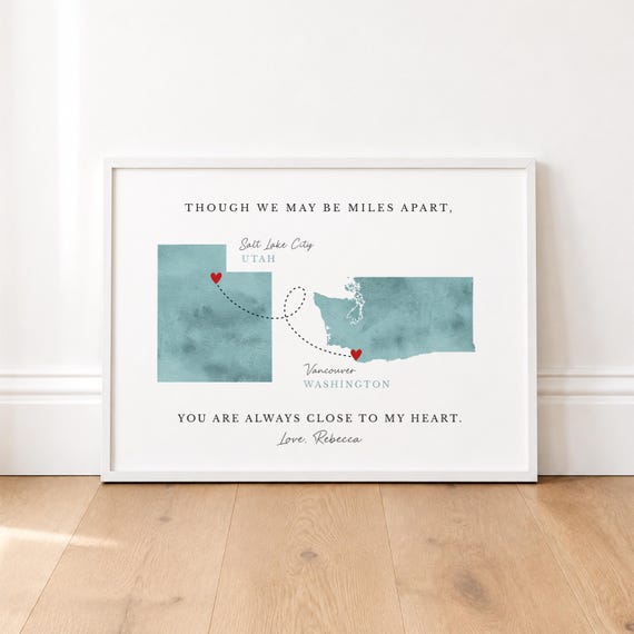 Long Distance Map Gift: Personalized Two Maps with Hearts and Quote