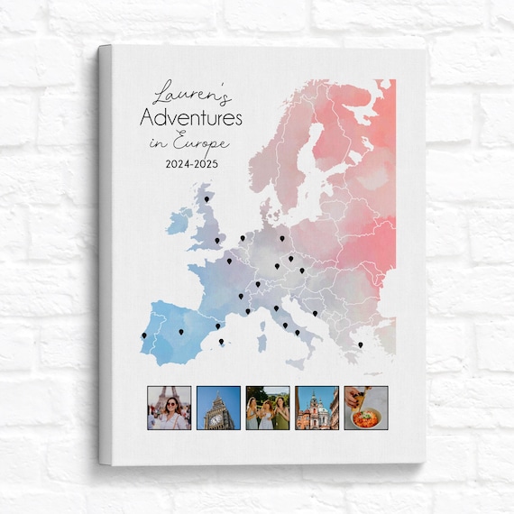 Personalized European Travel Map with Photo Collage
