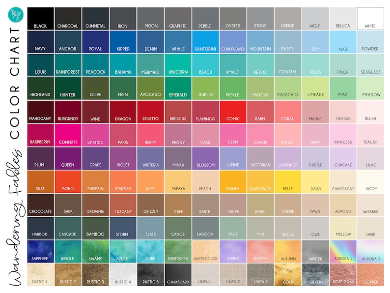 May include: A color chart with 100 different color swatches. The chart is divided into 10 rows and 10 columns. Each swatch has a name written below it. The names are in a variety of fonts and sizes. The chart is labeled "Wandering Fables Color Chart".