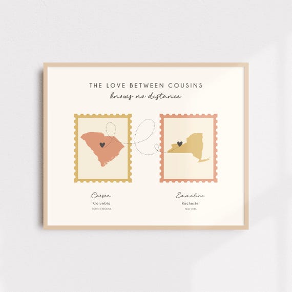 Personalized Cousin Map Art Print, Long Distance Gift