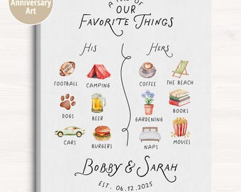 His and Hers Favorite Things Print - Custom Couples Art, Personalized Paper Anniversary Gift, Relationship Keepsake Wall Poster, Digital