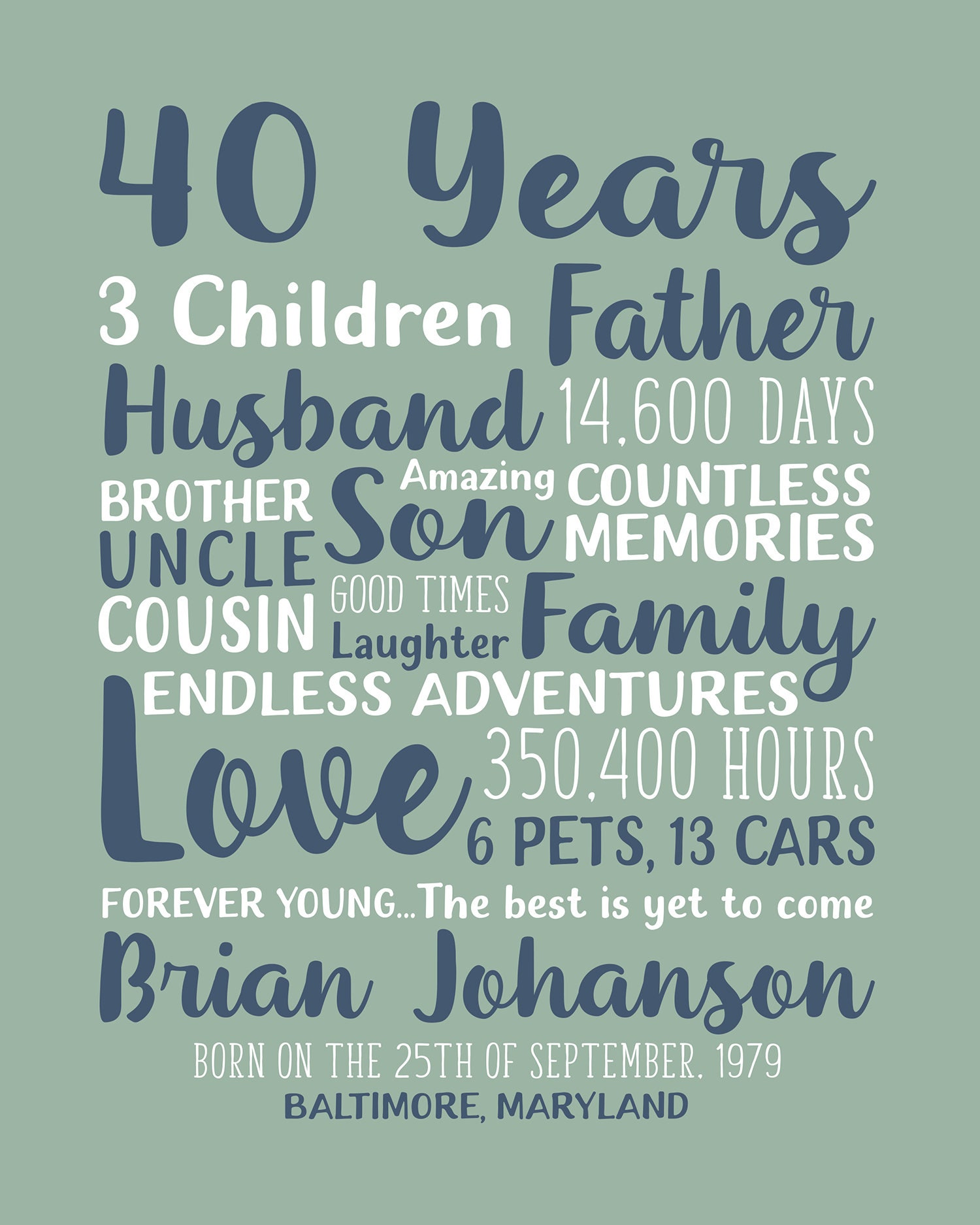 40 Years, Custom Gift for Husband on Birthday, 40th Birthday, Over the Hill, Turning 40