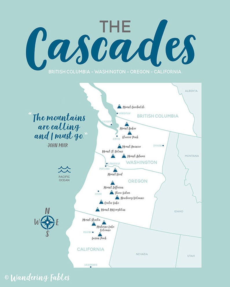 Cascades Map, Mountain Range, British Columbia, Washington, Oregon, Northern California Maps, Volcanoes, Informative Art, PNW Gifts WF602 image 4