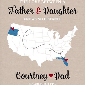 Personalized Long Distance Father Daughter Map Custom Names and Locations Unique Gift for Dads and Daughters, Fathers Day 2023 image 6