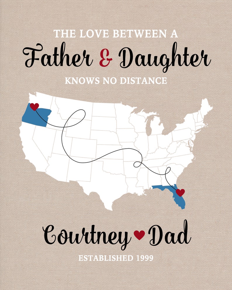 Personalized Long Distance Father Daughter Map Custom Names and Locations Unique Gift for Dads and Daughters, Fathers Day 2023 image 6