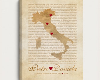 Italy Wedding Gift, Map of Italy with Any Locations, Engaged, Florence, Rome, Amalfi Coast, Venice, Italian Poem, Tuscany, Sicily