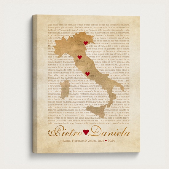Italy Map Art Print, Personalized Wedding Gift, 'O Sole Mio' Lyrics
