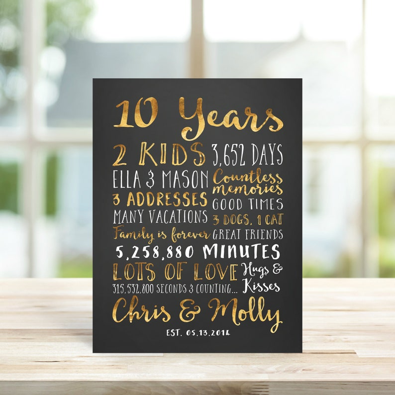 10 Year Anniversary Personalized Art for Home Decor, Gift for Wife on 10th Anniversary, Husband Anniversary Present, Married 2014 image 2