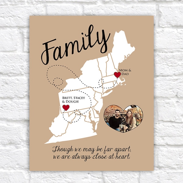 East Coast Map, Family Gift, Moving Away Gift -  Personalized Art, Your Photo, Gift for Parents, Thank You Gift, Mom and Dad, Unique