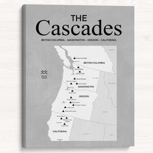 Cascades Map Wall Art - Gebirgskette & Vulkane in British Columbia, Washington, Oregon, Nord-Kalifornien - PNW Geschenke und Dekor