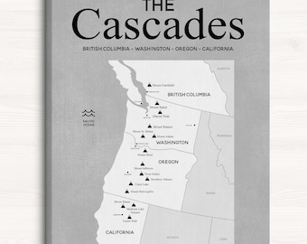 Cascades Map Wall Art - Mountain Range & Volcanoes in British Columbia, Washington, Oregon, Northern California - PNW Gifts and Decor