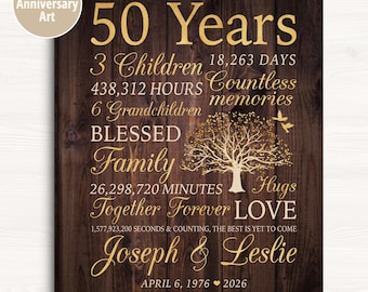 50th Anniversary Sign - Custom Rustic Family Tree Art for Parents Anniversary, Number of Children and Grandchildren Print for 50 Years