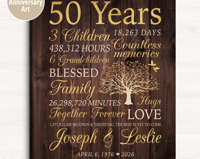 Featured listing image: 50th Anniversary Sign - Custom Rustic Family Tree Art for Parents Anniversary, Number of Children and Grandchildren Print for 50 Years